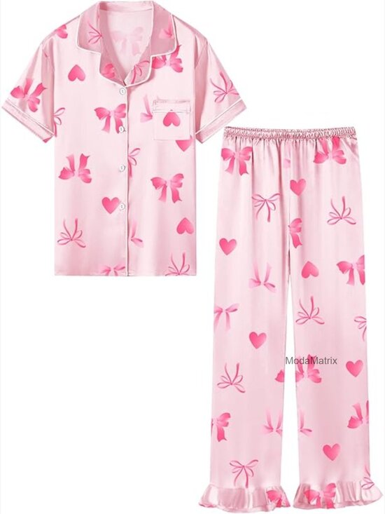 Other - Girls Silk Satin Pajama Set 2 Piece Short Sleeve Button Down Pjs Sleepwear
